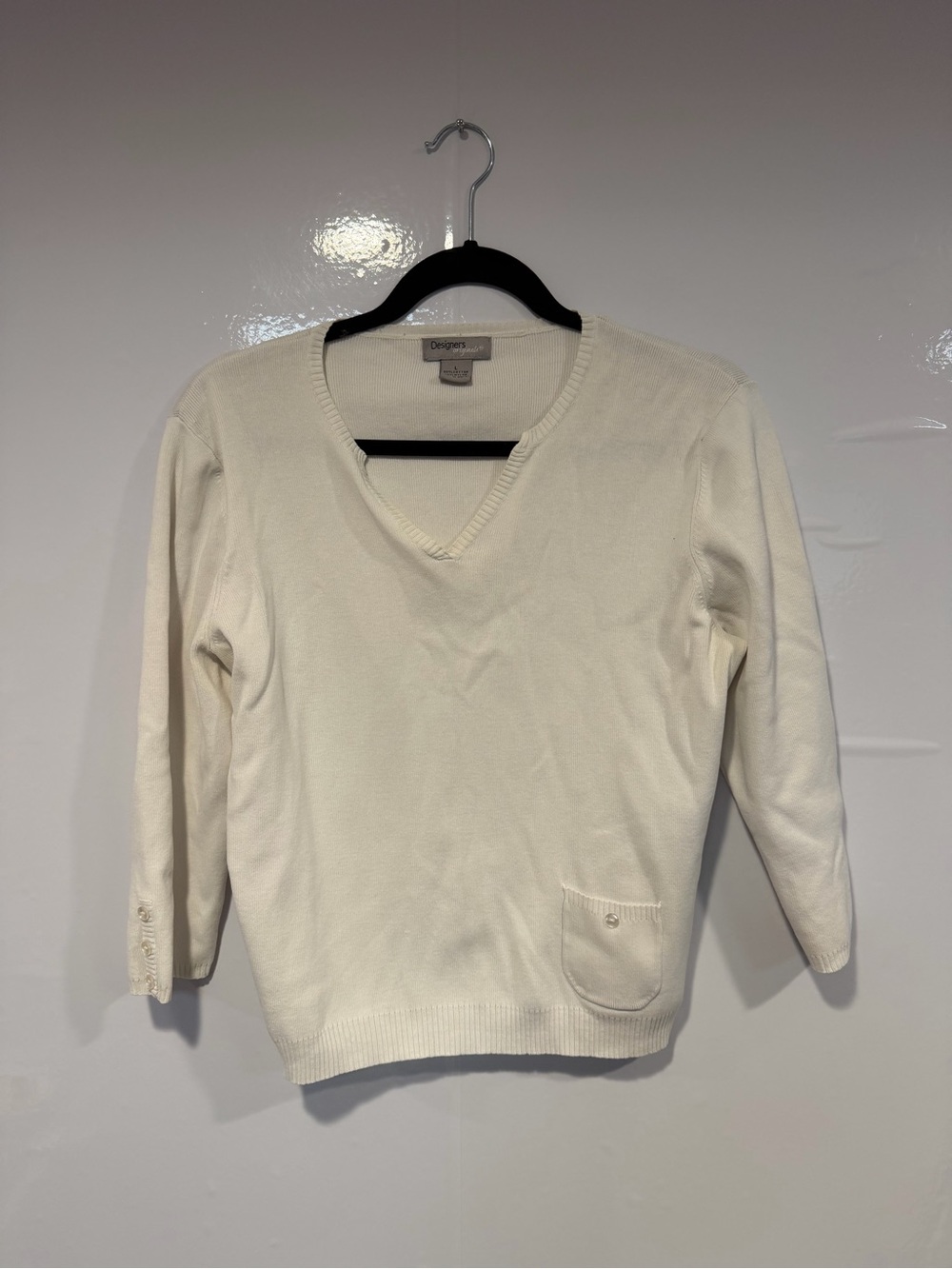 Designers Originals Cream V-Neck 3/4 Sleeve Sweater with Pocket